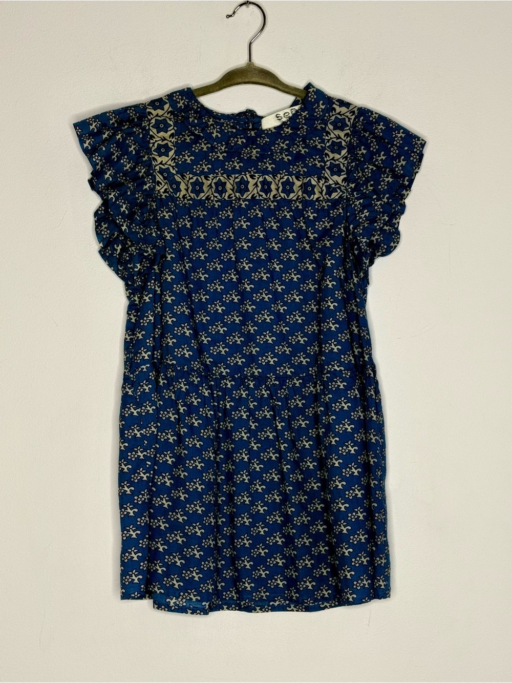 Sea New York Blue Floral Ruffle Sleeve Dress Girls Size 4Y Cotton Mini Dress